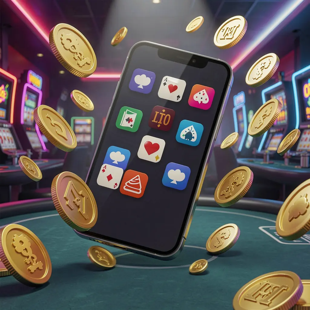 3SBD Android casino app concept displayed on a modern phone with app icons, surrounded by golden coins and slot symbols floating in a neon casino atmosphere, realistic 3D render