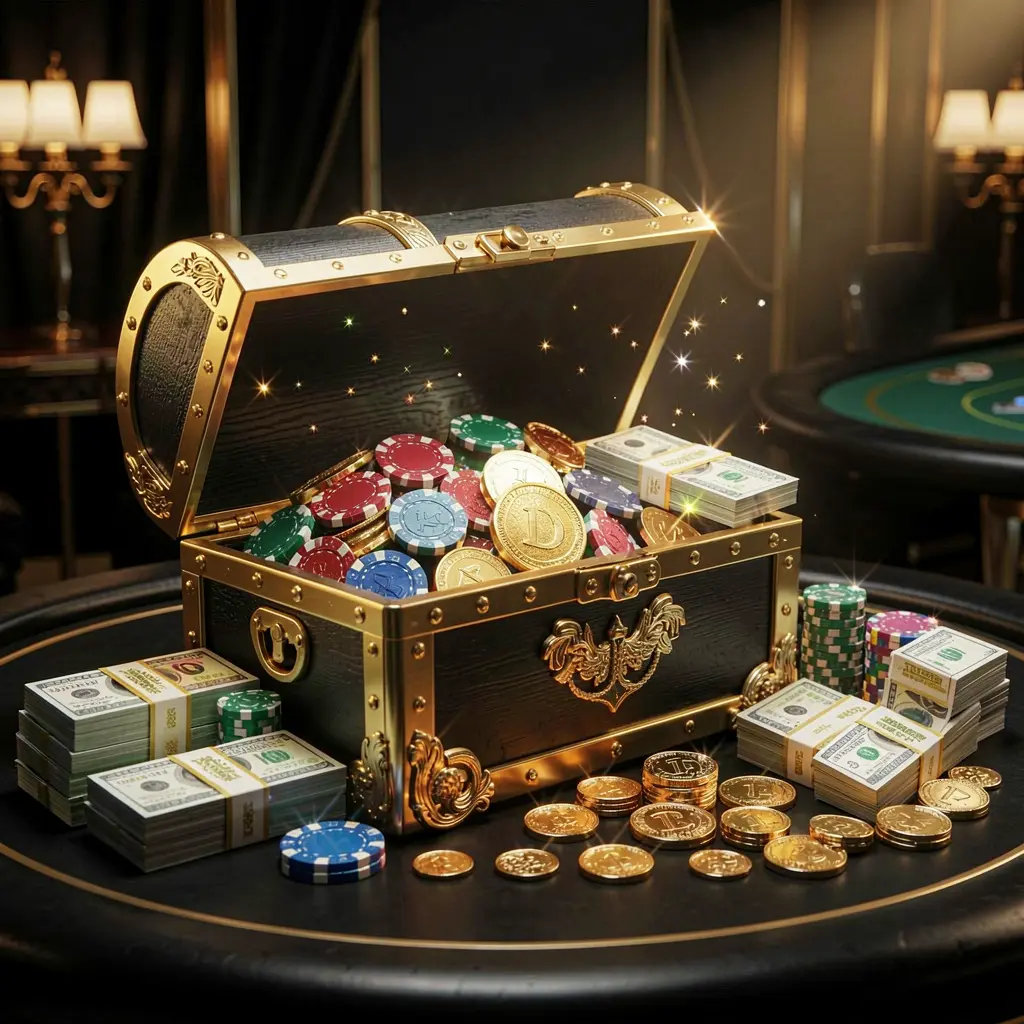 3SBD casino rewards scene featuring a golden treasure chest overflowing with chips, cash bundles, and sparkling coins in an elegant black and gold style with dramatic lighting