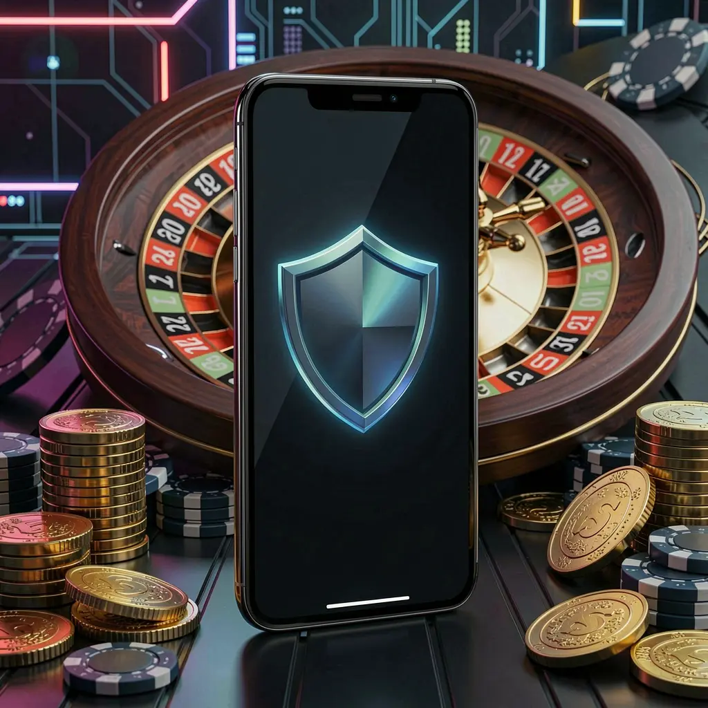 3SBD secure mobile casino login screen showing a phone with a shield icon, roulette wheel, poker chips, and golden coins in a dark cyber luxury atmosphere