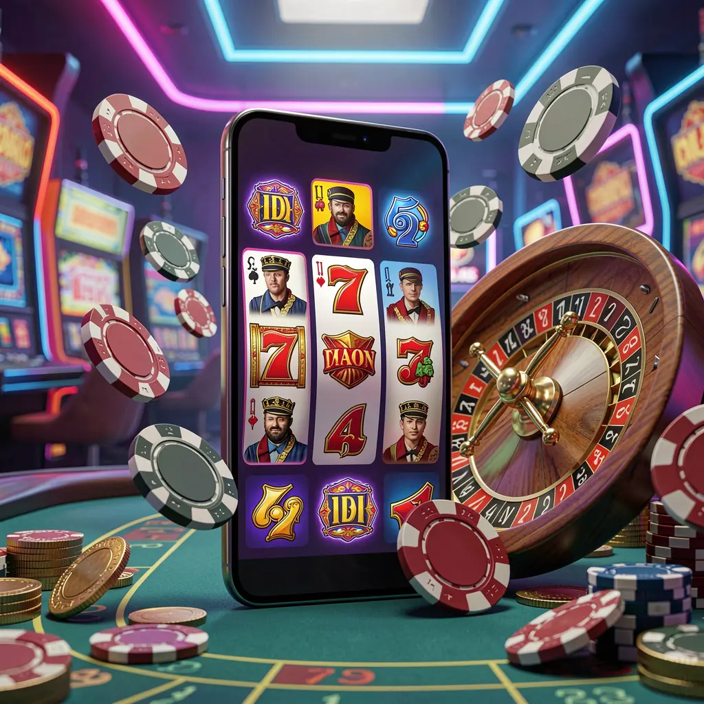 3SBD casino entertainment homepage concept featuring a modern mobile phone with slot symbols, a roulette wheel, chips, and coins floating around against a neon casino background in a premium 3D render
